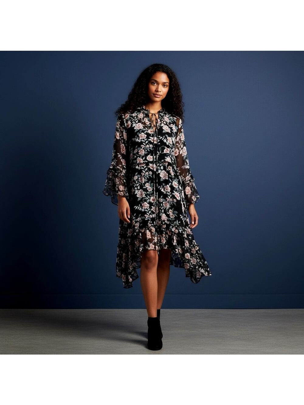 The Kooples Paris Floral Chiffon Dress Size 3 Black Pink Handkerchief Hem